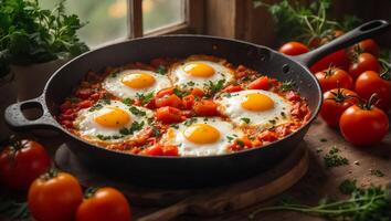 ai generato delizioso appetitoso shakshuka su il tavolo foto