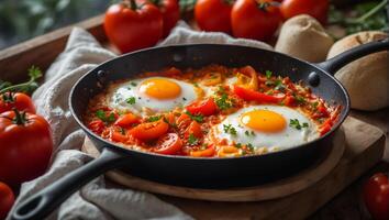 ai generato delizioso appetitoso shakshuka su il tavolo foto