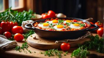 ai generato delizioso appetitoso shakshuka su il tavolo foto