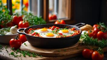 ai generato delizioso appetitoso shakshuka su il tavolo foto