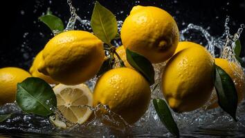 ai generato fresco maturo limoni, acqua gocce, spruzzo foto