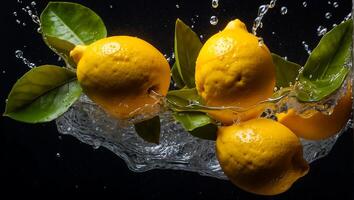 ai generato fresco maturo limoni, acqua gocce, spruzzo foto