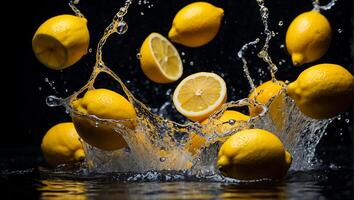 ai generato fresco maturo limoni, acqua gocce, spruzzo foto