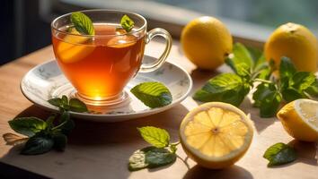 ai generato caldo tè con Limone, menta nel il cucina foto