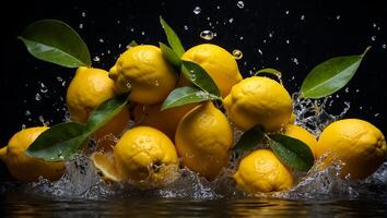 ai generato fresco maturo limoni, acqua gocce, spruzzo foto