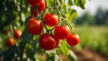 ai generato fresco maturo pomodoro su il azienda agricola foto