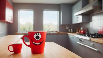 ai generato carino divertente tazza con occhi e Sorridi nel il cucina foto