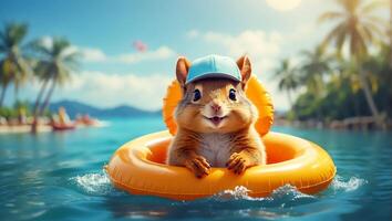ai generato carino scoiattolo nel un' nuoto cerchio a mare divertente foto