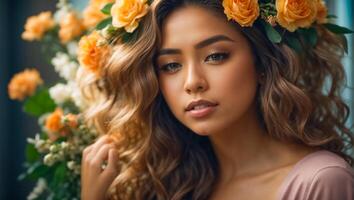 ai generato bellissimo ragazza con fiori foto