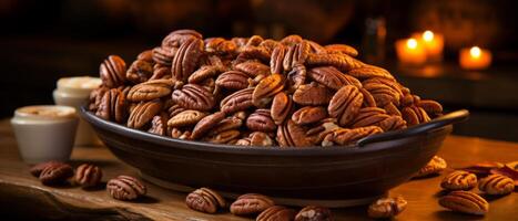 ai generato Noci Pecan nel un' ciotola su un' rustico di legno tavolo. foto