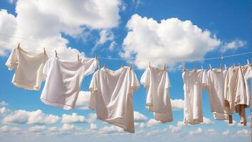 ai generato pulito bianca maglietta è essiccazione su un' clothesline contro il cielo foto