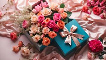 ai generato bellissimo mazzo fiori, regalo scatola su il tavolo foto