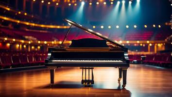 ai generato bellissimo nero pianoforte nel il concerto sala foto