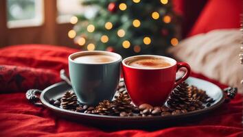 ai generato bellissimo tazze con caffè su un' vassoio, un' pino cono, un' Natale albero ramo, nel il Camera da letto foto