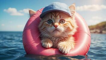 ai generato carino gatto nel un' nuoto cerchio foto