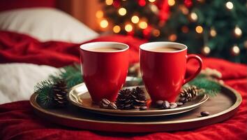 ai generato bellissimo tazze con caffè su un' vassoio, un' pino cono, un' Natale albero ramo, nel il Camera da letto foto