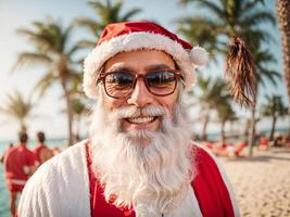 ai generato Santa Claus su il spiaggia foto