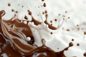 ai generato spruzzi di cioccolato con latte. il concetto di dolci foto