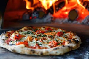 ai generato delizioso fresco italiano Pizza bugie vicino il forno, al forno nel un' legno che brucia forno foto