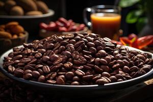 ai generato arrostito caffè fagioli avvicinamento nel piatti . colombiano caffè foto