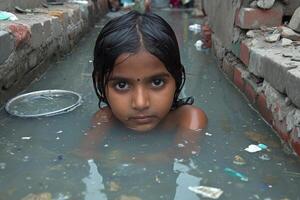 ai generato povero indiano bambini fare il bagno nel il liquame acqua drain nel il villaggio foto