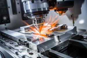 ai generato laser taglio di metallo su cnc macchine, moderno industriale tecnologia per produzione industriale parti. moderno lavorazione dei metalli foto