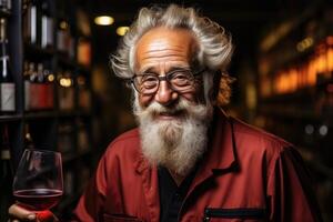 ai generato un' fiducioso, anziano, positivo, sorridente uomo con un' barba degustazione rosso vino nel il suo vino cantina foto