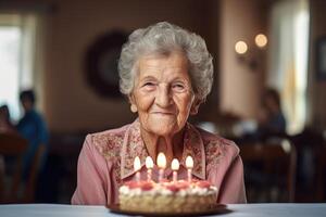 ai generato un anziano donna colpi su il candele su un' compleanno torta a sua casa foto