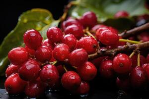 ai generato avvicinamento di caffè frutta a un' caffè azienda agricola su un' ramo, Colombia foto