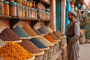 ai generato un' colorato e caratteristica bazar di fragrante spezie. Marocco, Marrakech foto