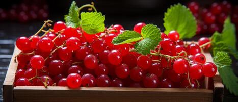 ai generato vivace rosso ribes nel un' di legno gabbia contro un' buio sfondo. foto