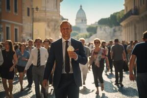 ai generato un' brutale uomo nel un' completo da uomo con ghiaccio crema nel il suo mani passeggiate lungo un' città strada foto