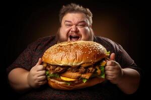 ai generato un' Grasso uomo mangiare un' veloce cibo hamburger su un' buio sfondo. prima colazione per un sovrappeso persona chi ha rovinato salutare cibo foto