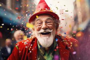 ai generato un' contento anziano uomo nel festivo abbigliamento esprime il suo emozioni mentre coriandoli mosche a lui foto