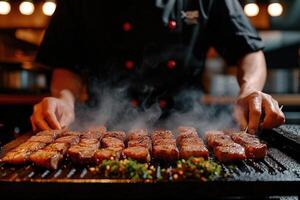 ai generato molte di carne bistecche, il cucinare cuochi su un' inossidabile acciaio griglia, con fiamme su un' buio sfondo. cibo e cucina concetto foto