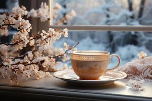 ai generato un' mattina tazza di latte macchiato caffè è su il tavolo di il finestra foto