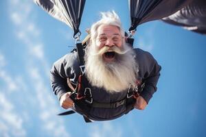 ai generato un emotivo skydiver mosche nel il cielo con un Aperto paracadute foto