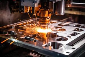 ai generato laser taglio di metallo su cnc macchine, moderno industriale tecnologia per produzione industriale parti. moderno lavorazione dei metalli foto