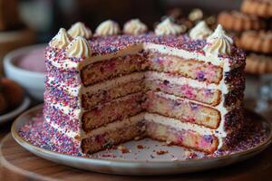 ai generato un' elegante fatto a mano torta con un' ritagliare pezzo sta su il In piedi di il cucina tavolo foto