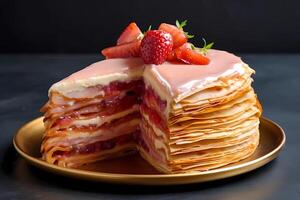 ai generato mille crespo - salutando a partire dal Francia, mille crespo è un' torta fatto con numerose magro strati di crepes impilati insieme, spesso pieno con Pasticcino crema o ganache foto