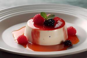 ai generato panna cotta - salutando a partire dal Italia, panna cotta è un' di seta simile ad una crema pasticcera dolce fatto con crema, zucchero, e gelatina, spesso servito con frutta composta o caramello salsa foto