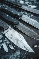 ai generato coltelli fatto di Damasco acciaio su un' di legno tavola foto