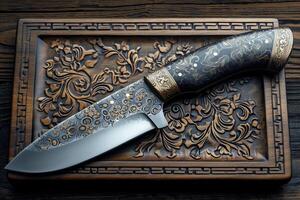 ai generato uno elegante Damasco acciaio cucina coltello su un' di legno tavola foto