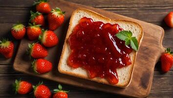 ai generato delizioso appetitoso pane con fragola marmellata su il tavolo foto