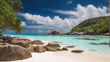 ai generato magnifico soleggiato spiaggia nel Seychelles foto