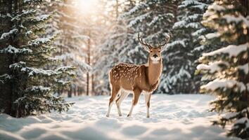 ai generato carino cervo nel il inverno foresta foto