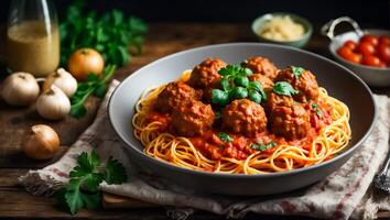 ai generato delizioso appetitoso Polpette con spaghetti, pomodoro salsa nel il cucina foto