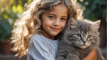 ai generato poco ragazza con carino gatto all'aperto ritratto foto