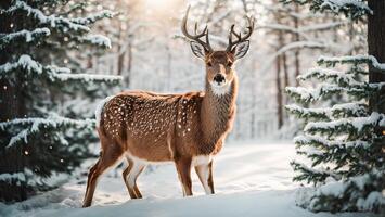 ai generato carino cervo nel il inverno foresta foto