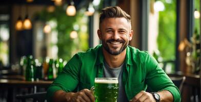 ai generato uomo con bicchiere di verde birra a bar foto